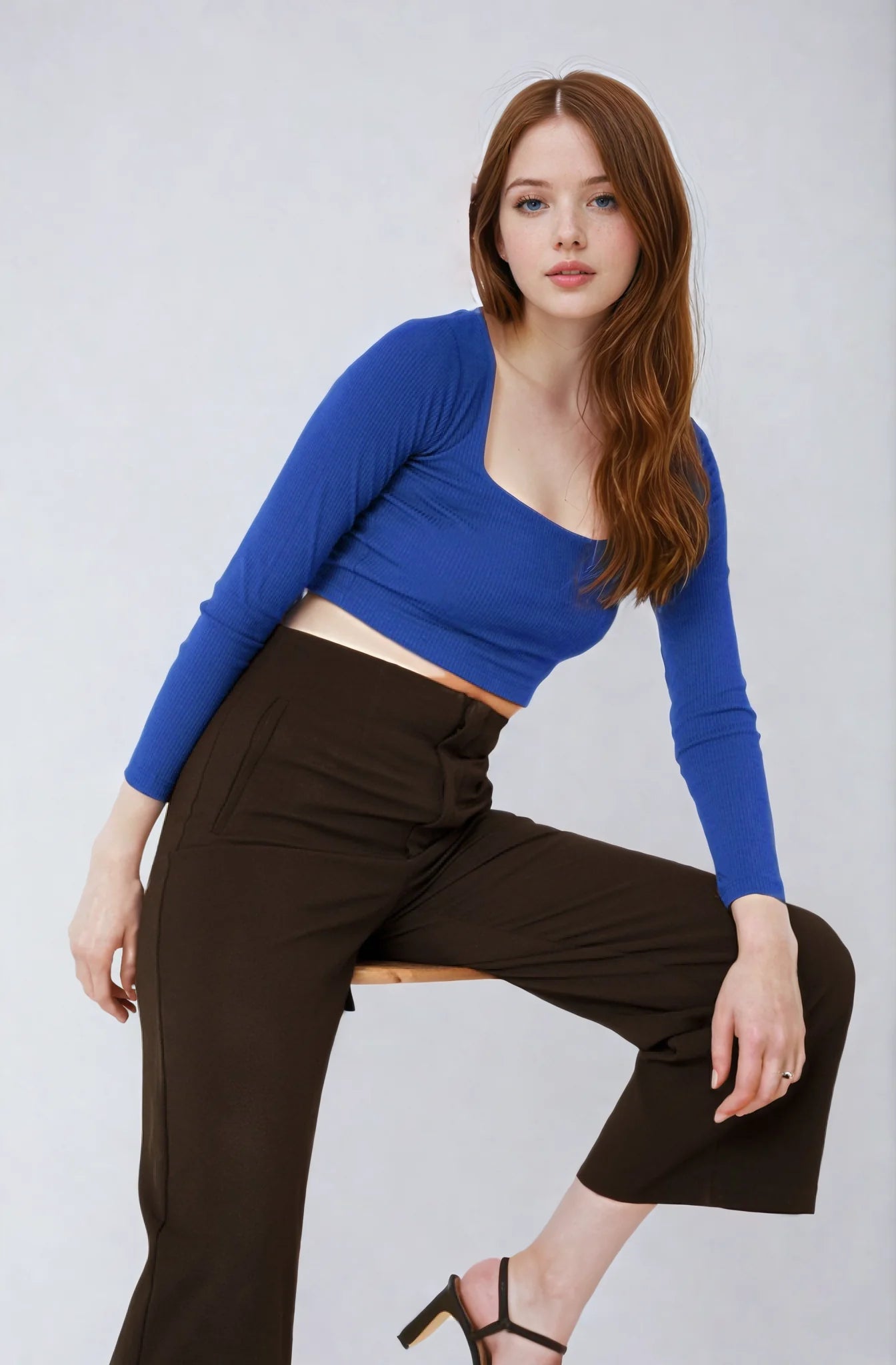 Basic Square Neck Long Sleeve Solid Crop Top