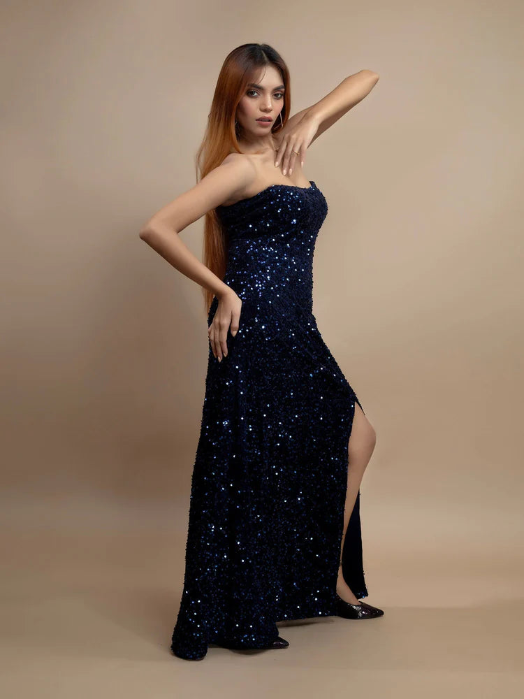 Embellished Velvet Sequin Maxi Tube Dress