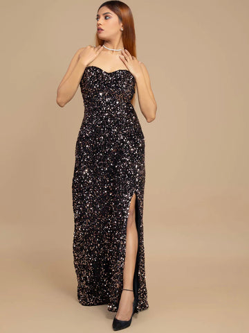 Embellished Velvet Sequin Maxi Tube Dress