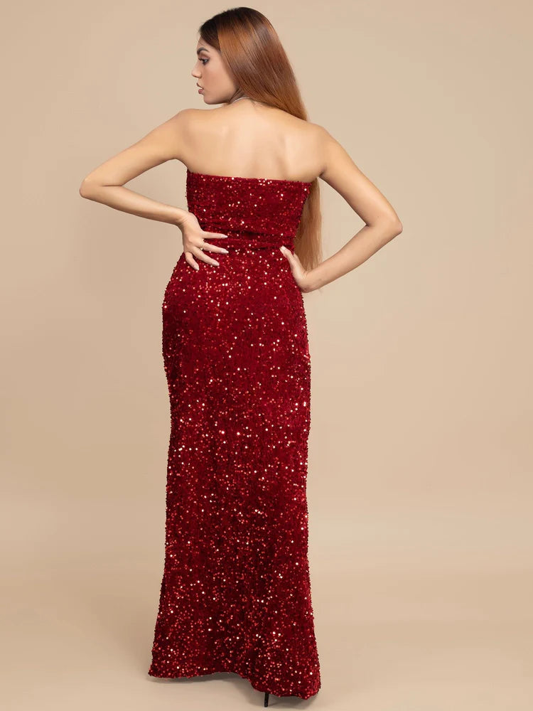 Embellished Velvet Sequin Maxi Tube Dress