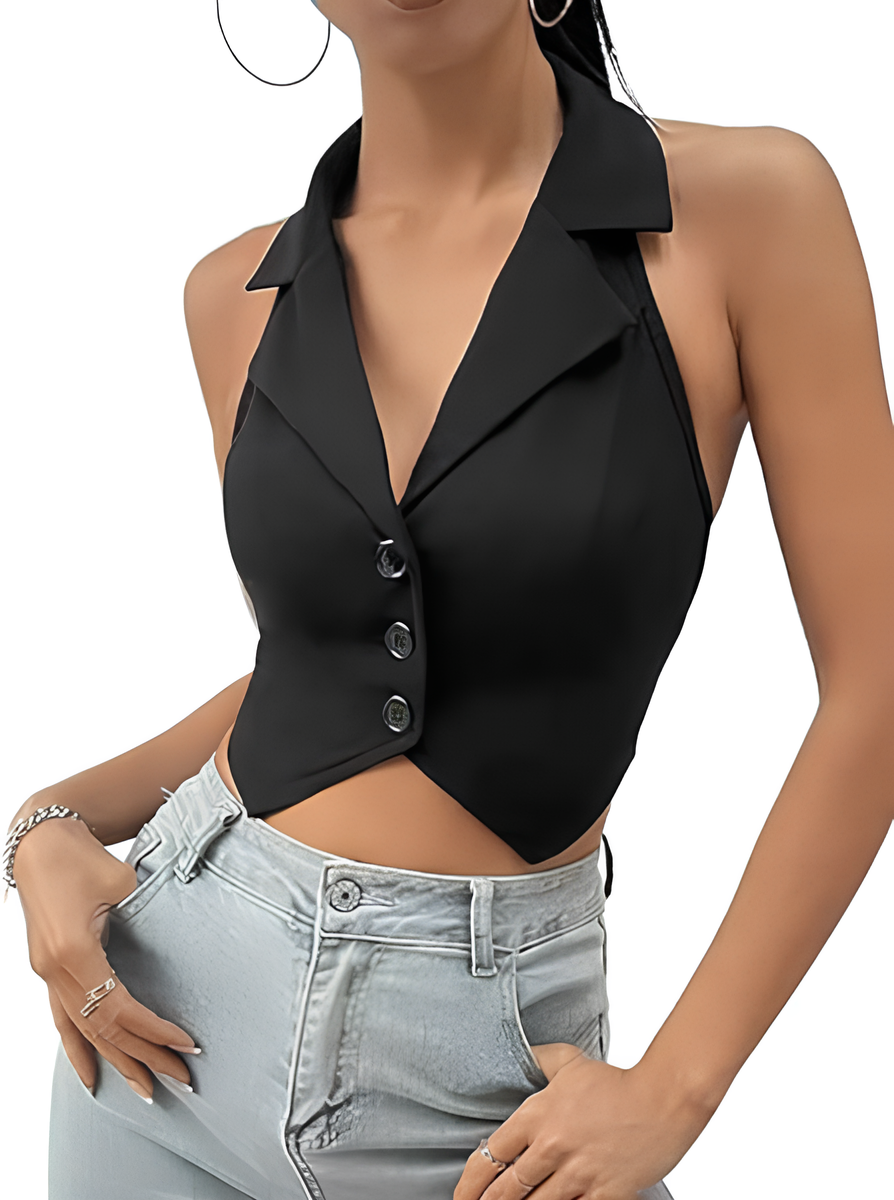 Notch Halter Neck Backless Blazer